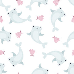 Obraz premium Seamless childish pattern with cute sharks for nursery, baby shower, textile