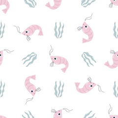 Seamless childish pattern with funny shrimps and weeds for nursery, baby shower, textile