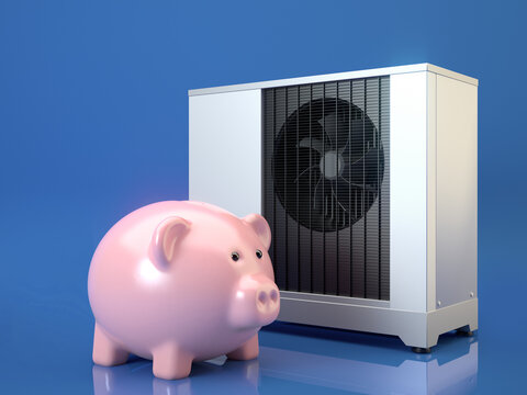 Air Heat pump and piggy bank on blue background - 3d illustration
