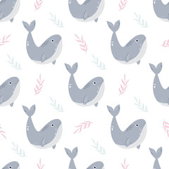Seamless childish pattern with cute whales for nursery, baby shower, textile