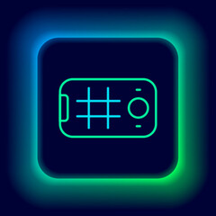 Glowing neon line Selfie on mobile phone icon isolated on black background. Colorful outline concept. Vector