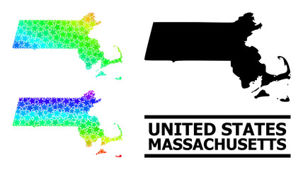 Rainbow gradiented stars mosaic map of Massachusetts State. Vector colored map of Massachusetts State with spectral gradients.