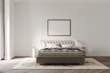 3d render of a white bedroom in a classic minimalist style with a cornice, mock up frames on the wall, wooden parquet, carpet and decorative stumps. Layout frame © Hanna
