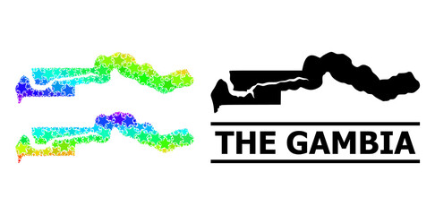 Spectral gradiented starred collage map of the Gambia. Vector colored map of the Gambia with spectral gradients. Mosaic map of the Gambia collage is made with scattered colored star items.