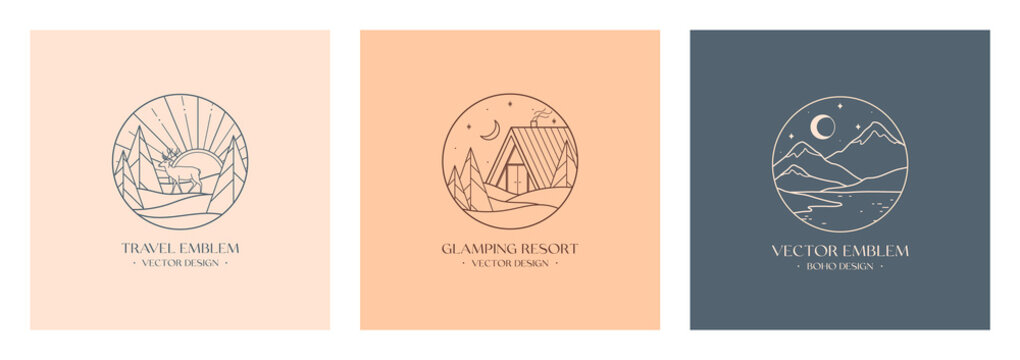 Vector linear glamping emblems with forest landscape,mountains,house or tent.Travel logos with deer,crescent moon,lake,sun and sunburst.Modern hike,camp,nature reserve,outdoor recreation labels.