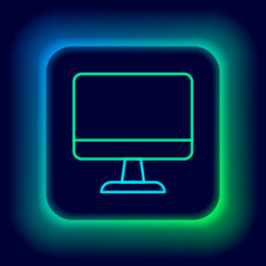 Glowing neon line Computer monitor screen icon isolated on black background. Electronic device. Front view. Colorful outline concept. Vector