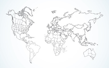 Fototapeta na wymiar World map. Continents with the contours of the countries. Vector drawing