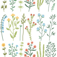 Vector seamless pattern with watercolor wild flowers and grass, hand drawn floral herbal background. Colorful botanical illustration, floral elements, hand drawn repeating background
