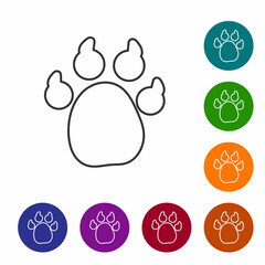 Black line Paw print icon isolated on white background. Dog or cat paw print. Animal track. Set icons in color circle buttons. Vector