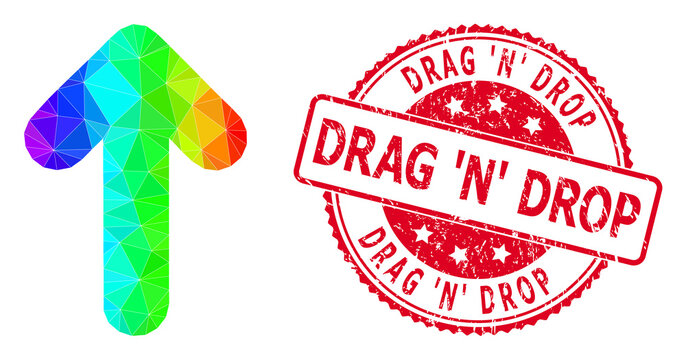 Red round unclean DRAG 'N' DROP stamp seal and lowpoly arrow up icon with rainbow colored gradient. Triangulated rainbow colorful arrow up polygonal icon illustration.