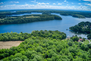 Aerial view of a golf course on Tim’s Ford Lake on a beautiful summer day in Tennessee U.S.A.