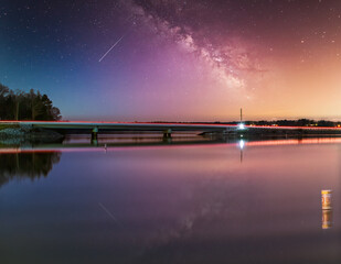 Clear night on the lake with The Milky Way Galaxy in the background, Woods Reservoir Bridge in Tennessee