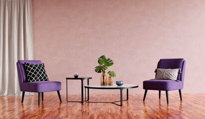 Modern living room interior with chairs and two coffee tables. 3D render. 3D illustration.