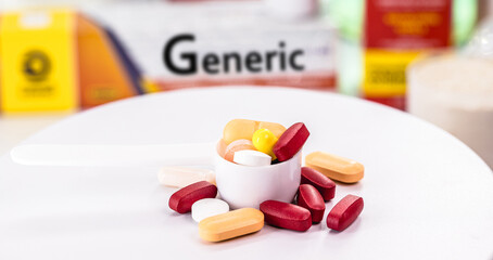 different pills and boxes of generic medicine, have the same characteristics and produce the same...