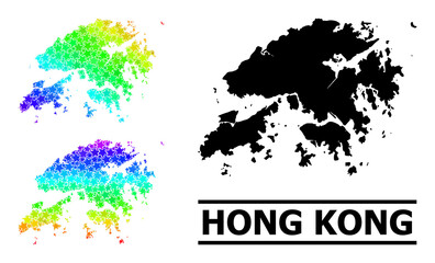 Rainbow gradiented star mosaic map of Hong Kong. Vector colored map of Hong Kong with spectrum gradients. Mosaic map of Hong Kong collage is constructed with scattered color star elements.