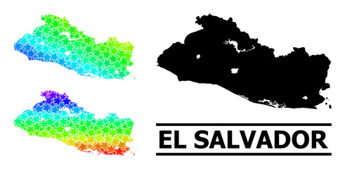Spectrum gradiented star collage map of El Salvador. Vector colorful map of El Salvador with spectral gradients. Mosaic map of El Salvador collage is organized with chaotic colorful star elements.