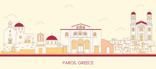 Cartoon Skyline panorama of Paros island, Cyclades, Greece - vector illustration