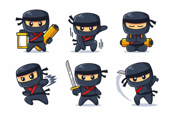 Ninja Cartoon Character in Various Poses - obrazy, fototapety, plakaty