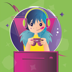 Retro girl cartoon with headphones and joystick Videogames Vector