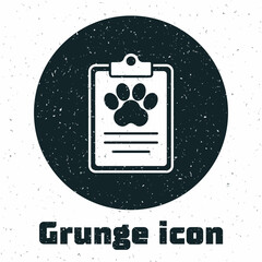 Grunge Clipboard with medical clinical record pet icon isolated on white background. Health insurance form. Medical check marks report. Monochrome vintage drawing. Vector