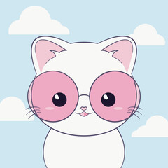 Ręcznie rysowany mały biały kotek w różowych okularach na tle niebieskiego nieba i chmurek. Wektorowa ilustracja zadowolonego, siedzącego kota. Słodki, uroczy zwierzak. - obrazy, fototapety, plakaty