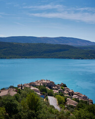 View of Sainte Croix du Verdon Provence France and the surrounding mountains