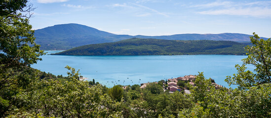 View of Sainte Croix du Verdon Provence France and the surrounding mountains