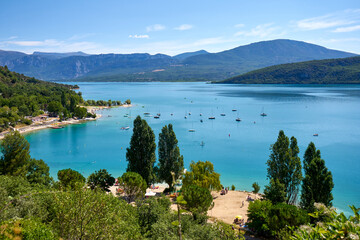 Panoramic view of the bay of Sainte Croix du Verdon Provence France and the surrounding mountains