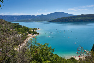 Panoramic view of the bay of Sainte Croix du Verdon Provence France and the surrounding mountains