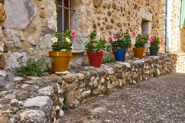 Colorful flowerpots on a stone wall in a narrow street in southern France