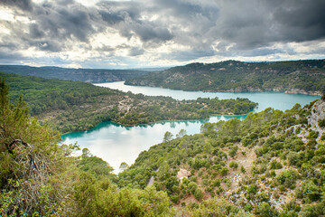 Aerial view of Lake Esparron and the surrounding vegetation Esparron du Verdon Provence France