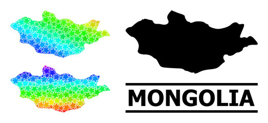 Spectrum gradiented star collage map of Mongolia. Vector colored map of Mongolia with spectral gradients. Mosaic map of Mongolia collage is organized with randomized colored star elements.