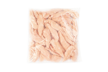 Chicken fresh meat in a transparent bag.Frozen pieces of chicken fillet on an isolated white background.