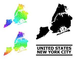 Spectral gradient star collage map of New York City. Vector colored map of New York City with spectral gradients. Mosaic map of New York City collage is composed with random color star elements.
