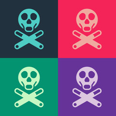 Pop art Bones and skull as a sign of toxicity warning icon isolated on color background. Vector