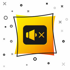 Black Speaker mute icon isolated on white background. No sound icon. Volume Off symbol. Yellow square button. Vector