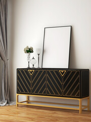 Black gold cabinet with blank frame. 3d illustration. 3d render