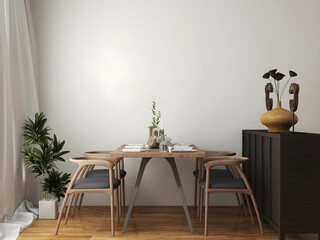 Dining room mockup with gray dining table, cabinet, plant, and object . 3d illustration. 3d render