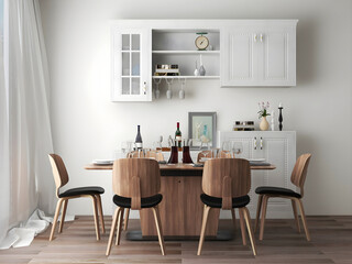 Dining room mockup with kitchen cabinet, and luxury wooden dining table set. 3d illustration. 3d render