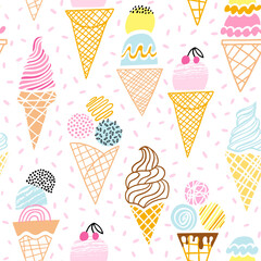 Ice cream seamless pattern. Cute doodle hand drawn background