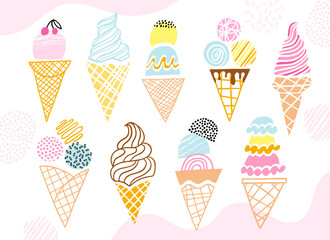 Ice cream doodle collection. Hand drawn ice cream cone illustration