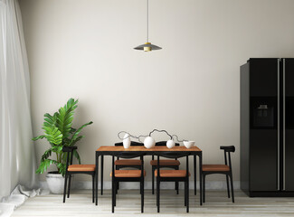 Dining room mockup with dining table set, plant, hanging lamp, and refrigerator. 3d illustration. 3d render