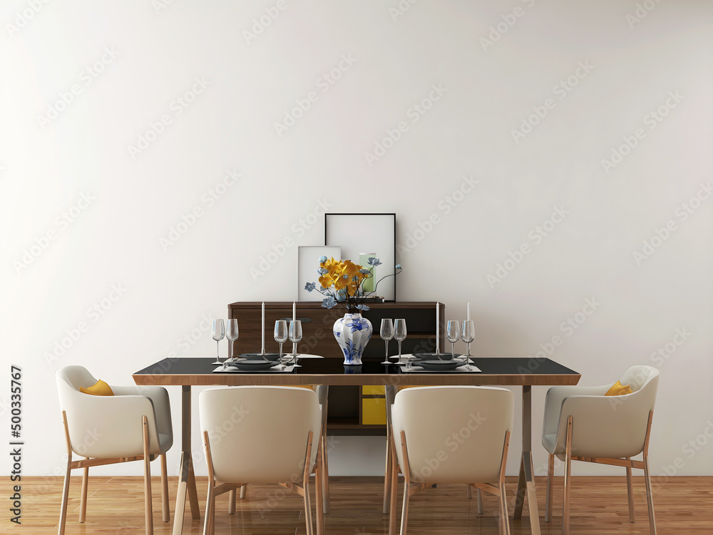 Wall mural Dining room mockup with beige dining set, cabinet, and objects. 3d illustration. 3d render