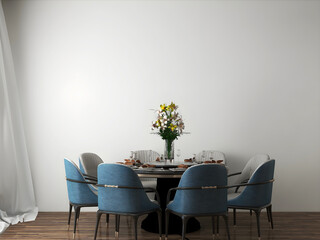 Dining room mockup with blue round dining table . 3d illustration. 3d render