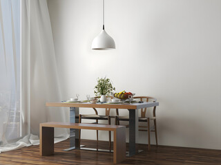 Dining room mockup with white hanging lamp, stool, and dining table . 3d illustration. 3d render