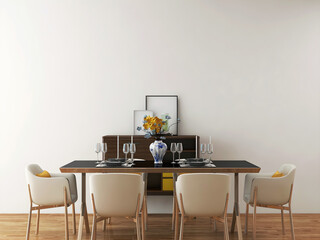 Dining room mockup with beige dining set, cabinet, and objects. 3d illustration. 3d render