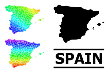 Rainbow gradient star mosaic map of Spain. Vector colorful map of Spain with rainbow gradients. Mosaic map of Spain collage is composed from scattered colorful star items.