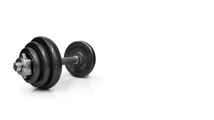 Obraz na płótnie Canvas Metal dumbbells. Isolated on white background. Gym, fitness and sports equipment symbol. Area for entering text