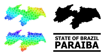 Spectrum gradiented stars mosaic map of Paraiba State. Vector colored map of Paraiba State with spectrum gradients. Mosaic map of Paraiba State collage is designed with scattered colored star items.
