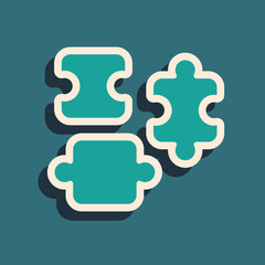 Green Puzzle pieces toy icon isolated on green background. Long shadow style. Vector